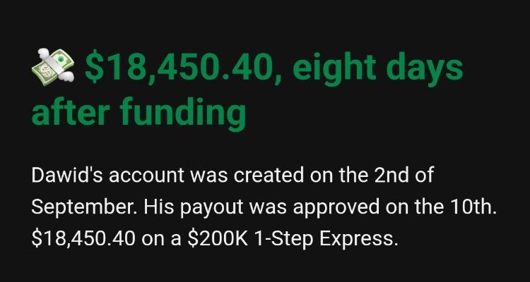 Prop firm newsletter featuring an $18,450.40 payout, eight days after funding